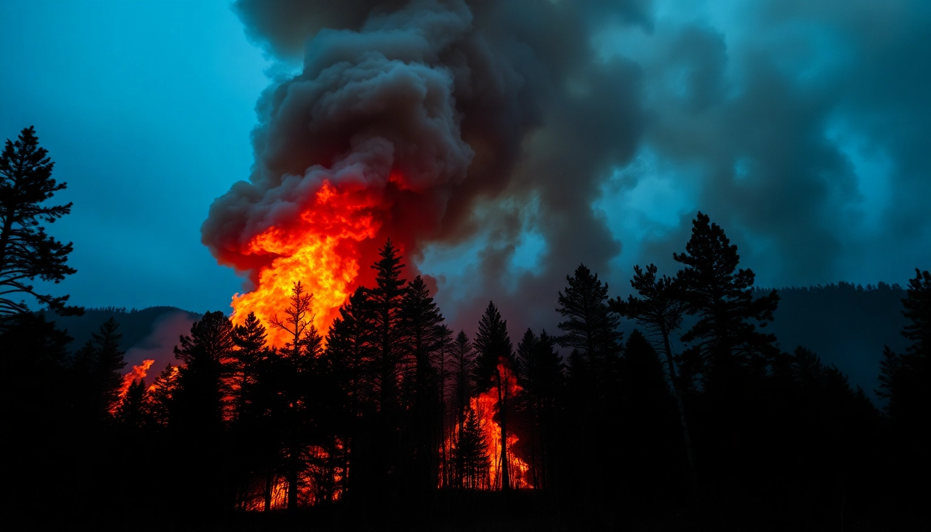 Capture of wildfire events showcasing a forest engulfed in flames, detailing the intense fire and smoke.
