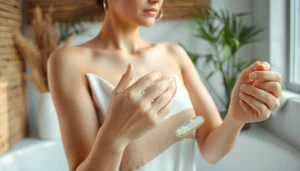 A woman showcasing how to use raw loofah for exfoliation in a bright bathroom setting.