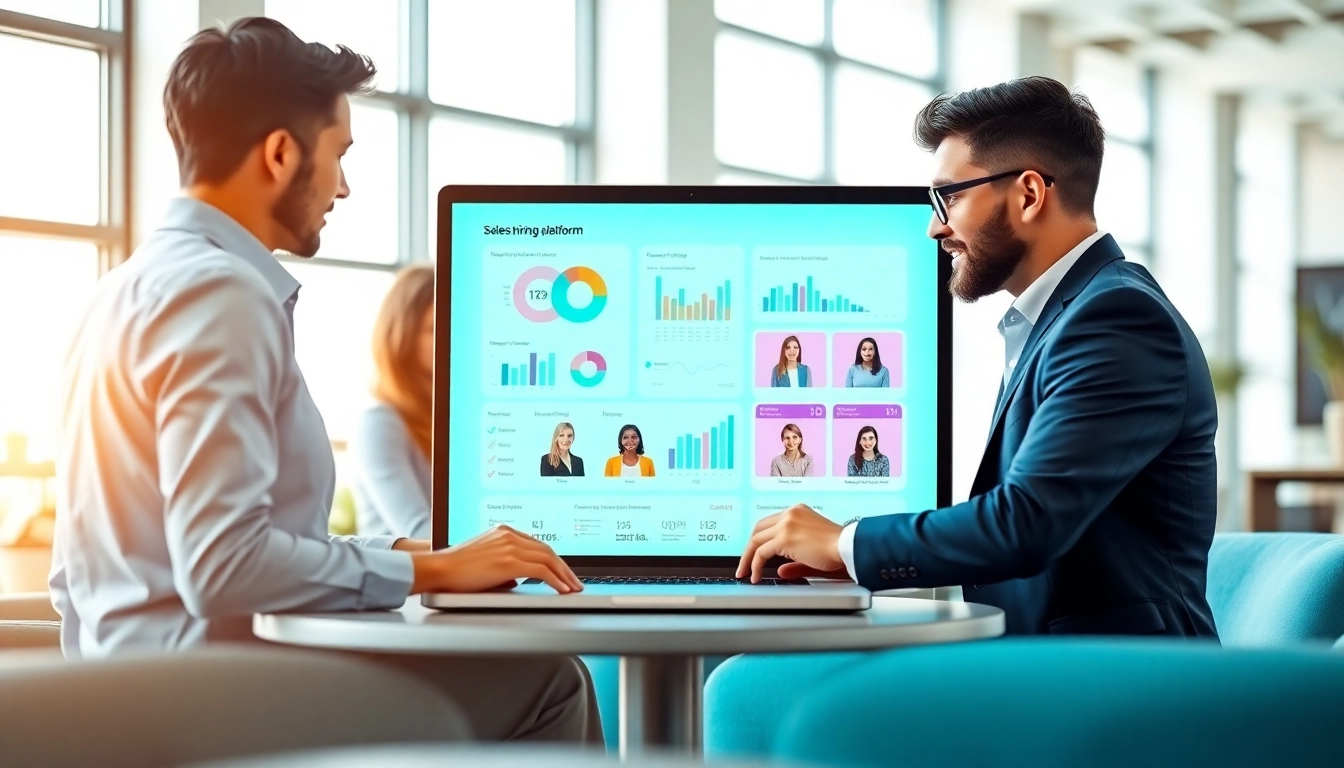 Engaging collaboration on a sales hiring platform in a vibrant office space.