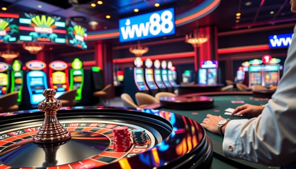 Experience the excitement of ww88 with vibrant casino tables, cards, and slot machines in action.
