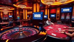 Players enjoying intense games at RR88 casino with luxurious decor and vibrant atmosphere.