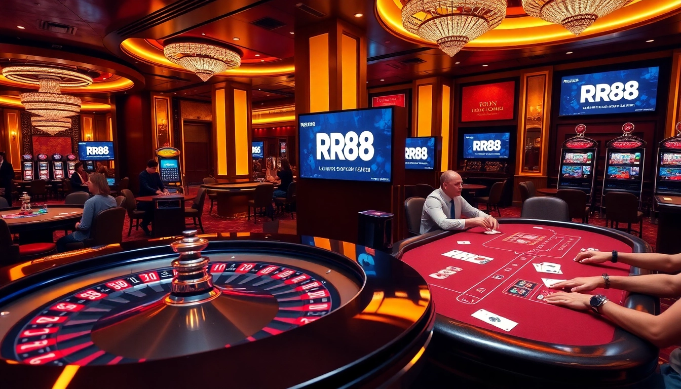 Players enjoying intense games at RR88 casino with luxurious decor and vibrant atmosphere.