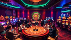 Bustling casino scene featuring poker tables and slot machines, embodying bk8thai's vibrant gaming experience.