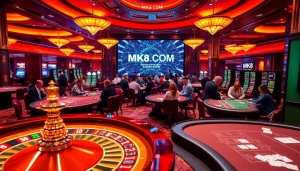 Players enjoying thrilling games at MK8.COM casino tables under vibrant lighting.