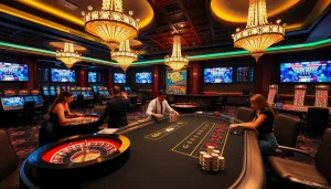 Excitement at a poker table in a high-end casino, inspired by https://hanoiculturetravel.com/ with roulette and chips.