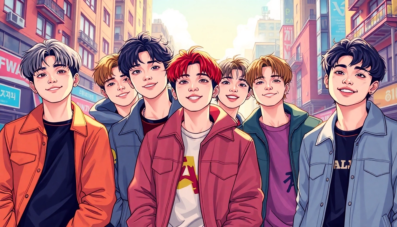 Dynamic portrayal of BTS members, emphasizing their unique styles and personalities.