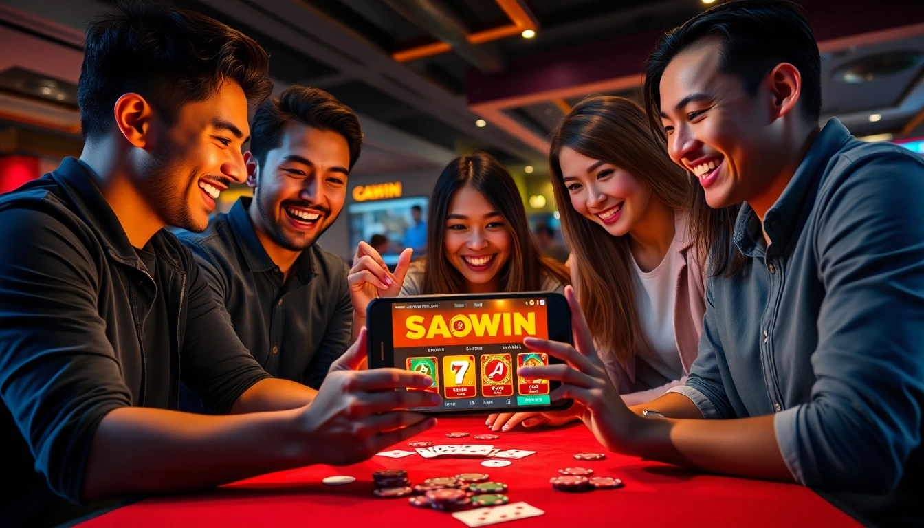 Người chơi tham gia đang khám phá Link tai Saowin trên thiết bị di động, thể hiện sự phấn khích và cộng đồng.