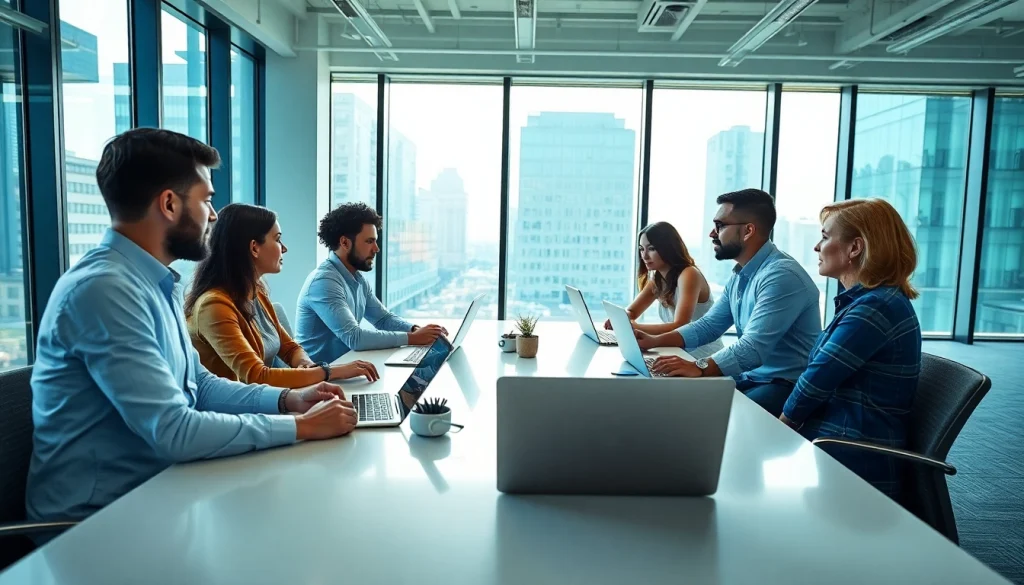 Engaged team strategizing fractional CMO services in a bright office environment.