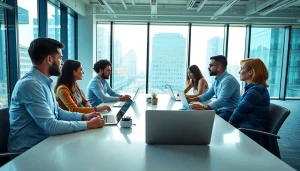 Engaged team strategizing fractional CMO services in a bright office environment.