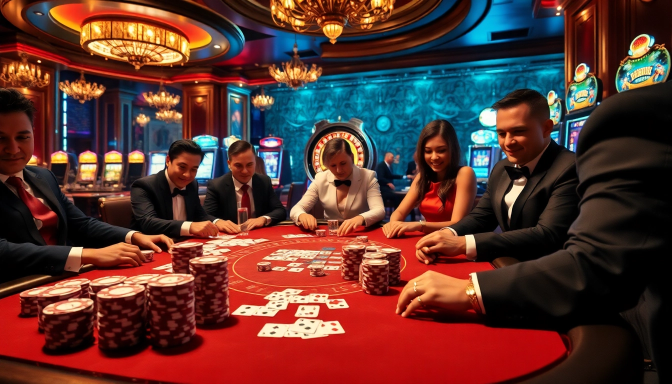 Players engaging in high-stakes poker at B52 Club, surrounded by vibrant casino elements.