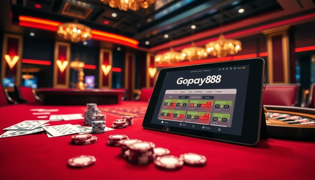 Experience the thrill of Gopay88 with luxury casino tables and vibrant gaming visuals.