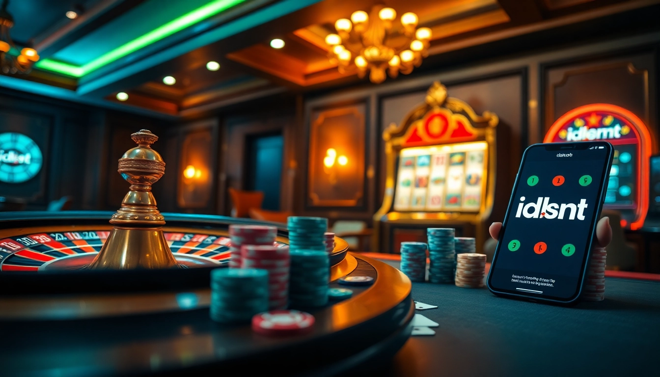 Engage with idnslot's online gaming adventure featuring vibrant roulette wheels and colorful poker chips.