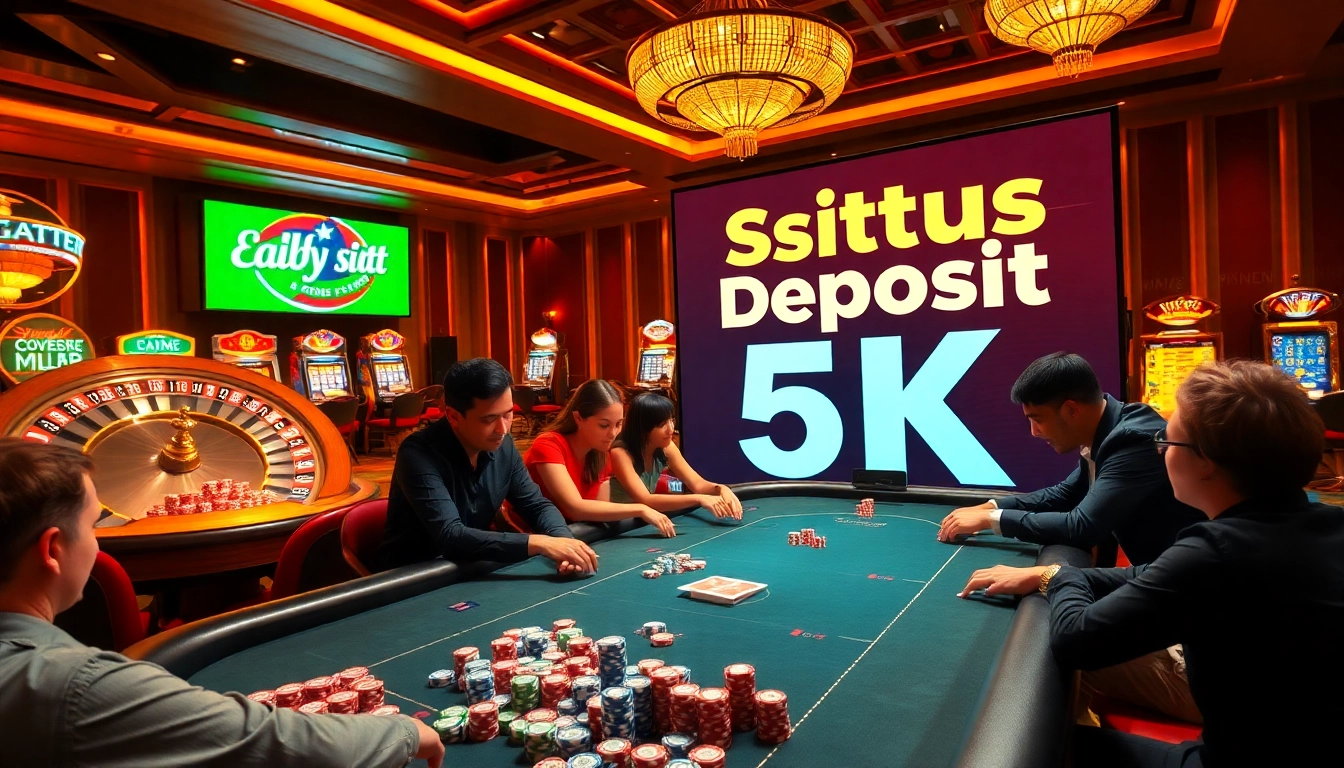 Experience the thrill of situs deposit 5k with exciting casino games and vibrant players at a poker table.
