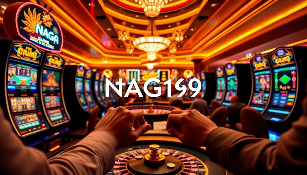 Players engaging with slot machines and online interfaces at Naga169, showcasing excitement and gaming strategies.