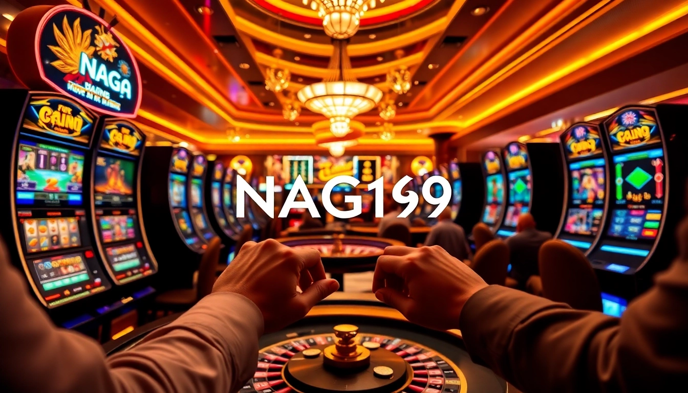 Players engaging with slot machines and online interfaces at Naga169, showcasing excitement and gaming strategies.