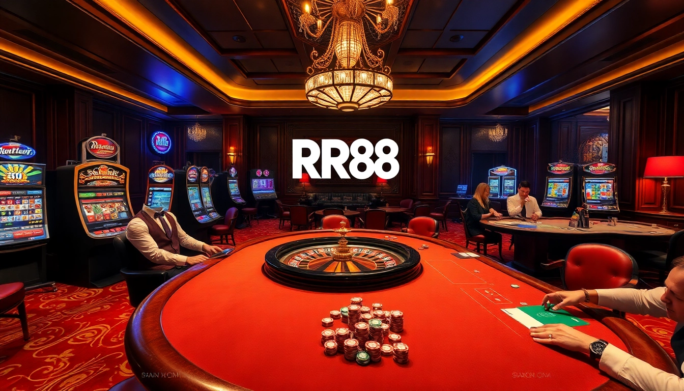 Experience thrilling gameplay at RR88's luxury casino with roulette, poker, and vibrant slot machines.