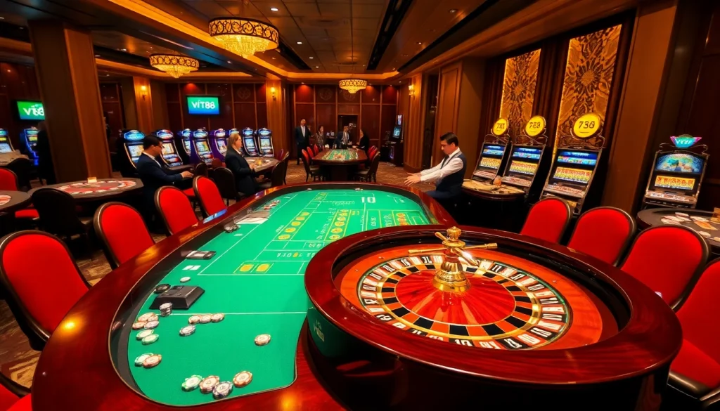 Players excitedly engage at the vt88 roulette table in a luxurious casino setting.