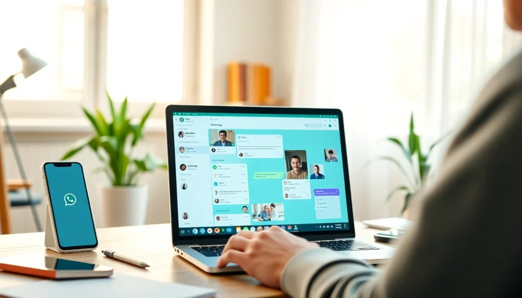 展示消息传递与视频通话的 WhatsApp Web 界面，代表快连官网的无缝通信。