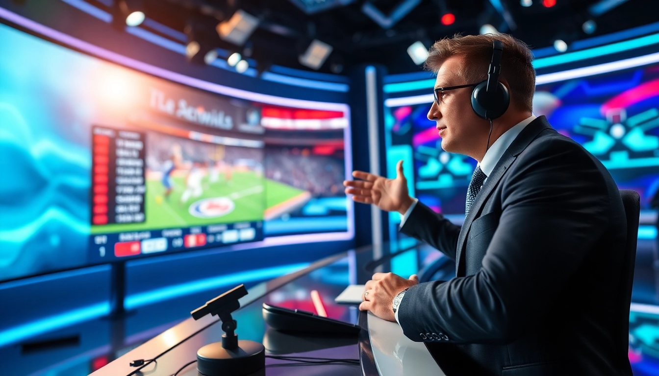 Engaging sports broadcasting studio where an analyst discusses live game highlights and stats.