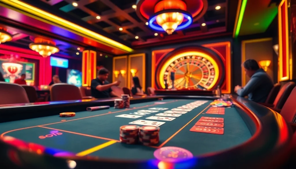 Players strategizing at a luxurious poker table in a vibrant casino scene featuring j88 gaming elements.
