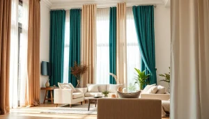 Gordijnstof kopen online: Mijn selectie van verschillende gordijnstoffen in een stijlvolle woonkamer.
