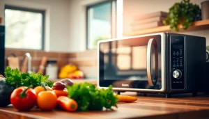 Showcasing Microwave Oven Sales with a modern kitchen setup featuring fresh ingredients.