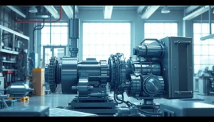 Technische Animation zeigt komplexe Maschinen in einem modernen Ingenieursatz.