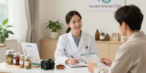 Consultation at 영통한의원 with a practitioner discussing personalized wellness plans in a serene environment.