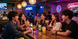 Jeju Island nightlife experience showcasing 제주도유흥 with friends enjoying cocktails at a lively bar.