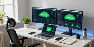 Green energy cloud mining displayed on dual monitors in a modern crypto workspace with blockchain software and digital wallet.