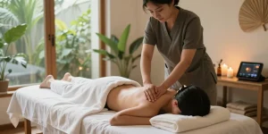Relaxing 마사지 therapy session in a tranquil spa environment with therapist and peaceful ambiance.