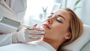 Aesthetic treatments session in a tranquil clinic with soothing lighting and caring practitioner.