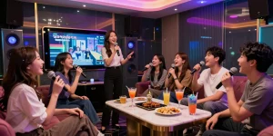 Joyful friends enjoying drinks and singing at a 강남가라오케 private room, vibrant atmosphere showcasing luxury and entertainment.