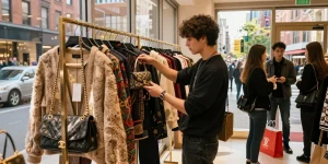Fashionable shopper exploring 레플리카 clothing options in a vibrant urban store.