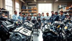 Experts evaluate used engines in a bright workshop highlighting automotive care.
