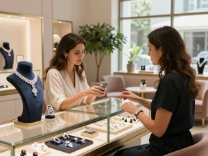 Customer in a jewelry store looking to click for source on exquisite diamond necklace.