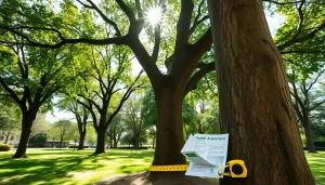 Tree Consultancy expert assessing a tree's health in a vibrant park.