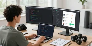Android fitness app project tutorial in a vibrant workspace showcasing a developer coding with dual monitors and fitness elements.