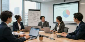 Team discussing merchant cash advance strategies in a modern conference room.