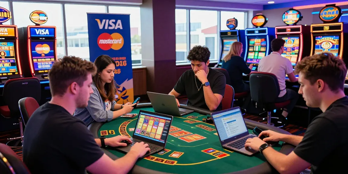 Engaging scene at scoarch.org.uk showcasing players at credit card casinos using Visa and Mastercard in a vibrant gaming environment.