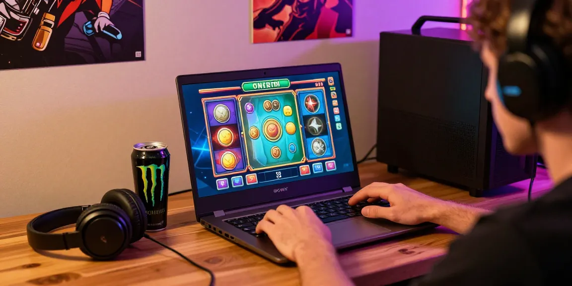 Pengalaman hiburan online cipung138 dengan pemain menikmati permainan slot yang cerah di laptop.