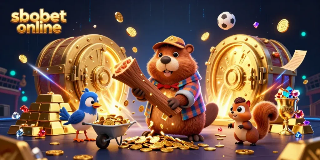 Experience sbobet online with a thrilling sports betting scene, featuring animated characters and golden treasures.