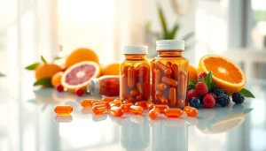 Showcase astaxanthin capsules with fresh fruits on a glass table, highlighting health benefits.
