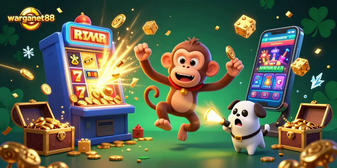 Experience the excitement of warganet88 as a playful poltergeist monkey juggles golden coins in a lively casino.